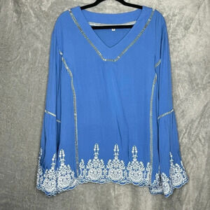 Amazon 2X Shirt Top Blue Paisley Embroidered Bell Long Sleeve V Neck Cotton